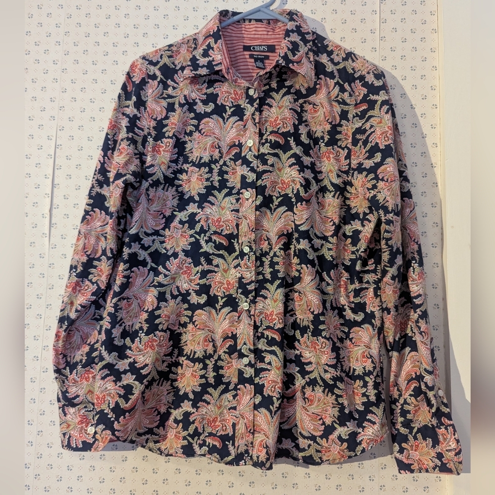 Chaps M Mens Floral Shirt Black Pink Paisley Cotton Button Up